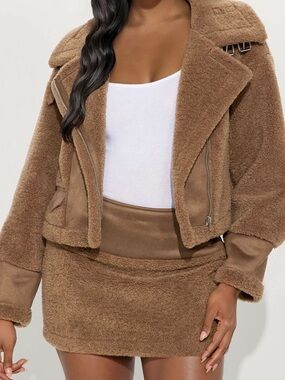 NWTS Fashion Nova Joelle Fuzzy Jacket And Mini Skirt Set - Mocha Size XS